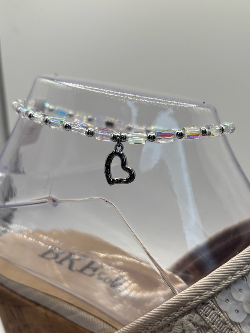 *Anklet* Silver Heart & AB Crystal Stretchy Ankle Bracelet - Picture 4 of 7